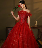 Red tulle sequins long ball gown dress A line evening dress HZ1023