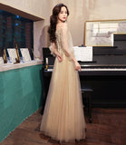 Champagne tulle lace long prom dress A line evening dress HZ1023