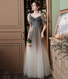 Cute tulle beads long A line prom dress evening gown HZ1023