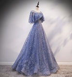 Blue tulle sequins long ball gown dress evening dress HZ1023
