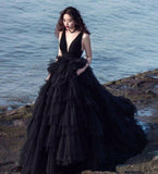 Black v neck tulle long prom dress evening dress HZ1023
