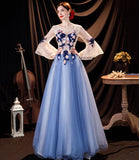 Blue tulle applique long prom dress blue evening dress HZ1023