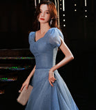 Blue tulle sequins long prom dress evening gown HZ1023