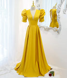 Yellow satin long A line prom dress evening dress HZ1023