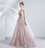 Purple tulle long A line prom dress evening gown HZ1023