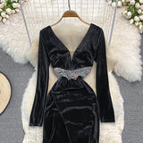 Sexy V Neck Velvet Beads Dress Fashion Dress HZ1023