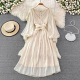 Champagne V Neck Long Sleeve Dress Fashion Dress HZ1023