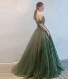 Green tulle long prom dress A line evening dress HZ1023