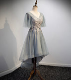Gray tulle lace short prom dress high low evening dress HZ1023