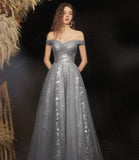 Grey long A line prom dress off shoulder evening dress HZ1023