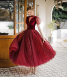 Burgundy tulle short prom dress A line evening dress HZ1023
