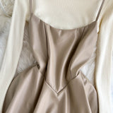 Fashionable Knitted Base Sweater + A Line PU Leather Dress Fashion Dress HZ1023