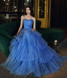 Blue tulle long A line prom dress blue evening gown HZ1023