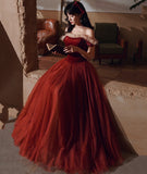 Burgundy velvet tulle long prom dress evening dress HZ1023