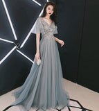 Grey tulle lace long prom dress lace evening dress HZ1023