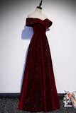 Burgundy Shiny Elegant Velvet Long A-Line Ball Gown Evening Dress HZ1023