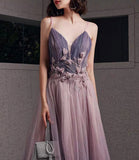 Purple tulle sequins long prom dress A line evening gown HZ1023
