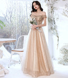 Champagne tulle lace long prom dress A line evening gown HZ1023