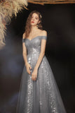 Grey long A line prom dress off shoulder evening dress HZ1023