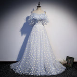 Blue tulle long A line prom dress blue evening ddress HZ1023