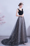 Black tulle sequins long A line prom dress evening dress HZ1023