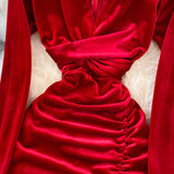 Simple V Neck Velvet Long Sleeve Dress Fashion Dress HZ1023