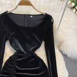 Black Velvet Long Sleeve Dress Sexy Dress HZ1023