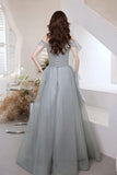 Gray tulle sequins long prom dress A line evening dress HZ1023