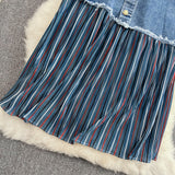 Pleated stitched denim skirt, irregular medium length A-line skirt HZ1023