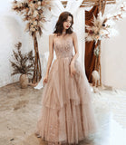 Cute tulle sequins long prom dress A line evening gown HZ1023