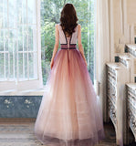 Pink v neck tulle long prom dress evening dress HZ1023