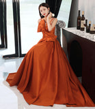 Orange satin long prom dress with bow A line formal dress HZ1023