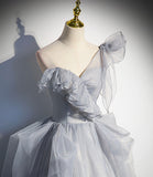 Gray tulle long ball gown dress A line evening gown HZ1023