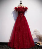 Burgundy tulle sequins long A line prom dress evening dress HZ1023