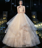 Champagne tulle long prom dress A line evening gown HZ1023