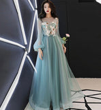 Green lace applique prom dress A line evening dress HZ1023