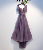 Purple tulle lace long prom dress A line evening dress HZ1023