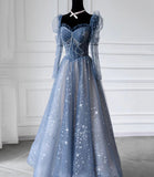 Blue tulle beads long prom dress A line evening dress HZ1023