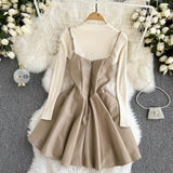 Fashionable Knitted Base Sweater + A Line PU Leather Dress Fashion Dress HZ1023