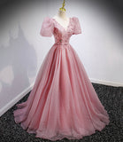 Pink tulle sequins long prom dress pink evening gown HZ1023