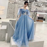 Blue tulle sequins long prom dress evening dress HZ1023