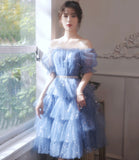 Blue tulle short A line prom dress homecoming dress HZ1023