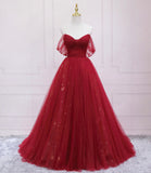 Red tulle sequins long prom dress A line evening dress HZ1023