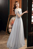Cute tulle beads long A line prom dress evening dress HZ1023