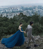 Blue tulle long prom dress A line evening gown HZ1023