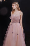 Pink tulle long A line prom dress evening dress HZ1023