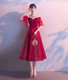 Burgundy tulle sequins prom dress evening dress HZ1023