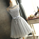 Gray lace short A line prom dress homecoming dress HZ1023