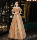 Gold tulle sequins long prom dress evening dress HZ1023