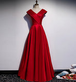 Burgundy v neck satin long prom dress evening dress HZ1023